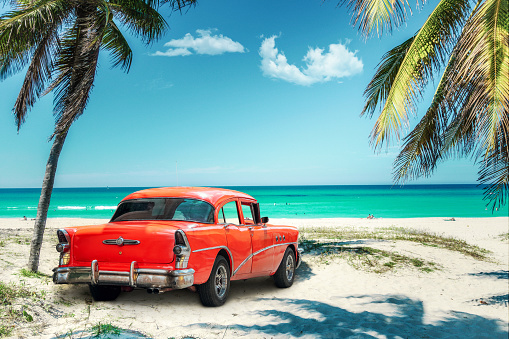 Old American car on Cuba Beach, Varadero