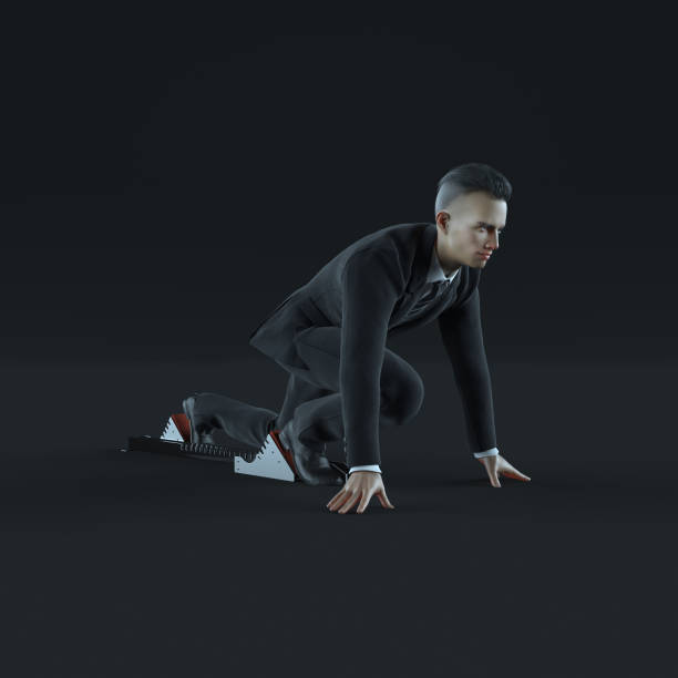 istock Businessman taking low start to running. On black background 684006668