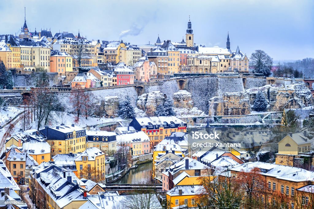 Luxembourg city snow white in winter, Europe Old town of Luxembourg city snow white in winter, Europe Luxembourg City - Luxembourg Stock Photo