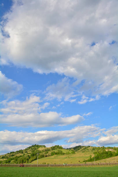 beautiful sky, field and forest in far in autumn season, bright sunlight and cirrus clouds
