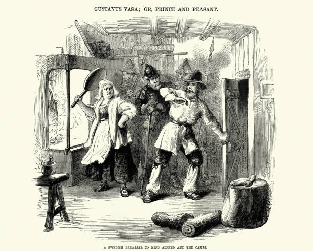 Gustav Vasa , or Prince and Peasant Vintage engraving of a scene from the story of Gustav Vasa , or Prince and Peasant, The Leisure Hour, 1872. Gustav I, born Gustav Eriksson of the Vasa noble family and later known as Gustav Vasa (12 May 1496 – 29 September 1560), was King of Sweden from 1523 until his death in 1560. middle aged woman cooking stock illustrations