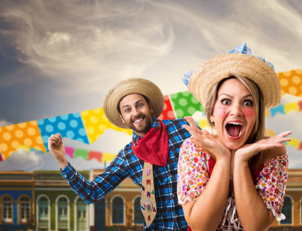 istock Brazilian couple dancing on Junina Party costume 684043216
