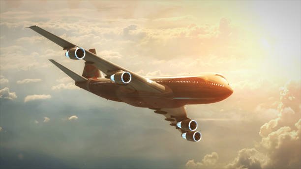istock Airplane in the sky in profile in sunset 3d illustration 684057060