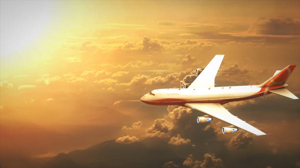 istock Airplane in the sky in profile in sunset 3d illustration 684057086