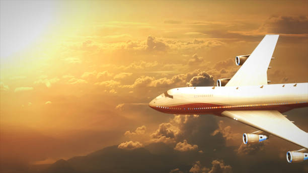 istock Airplane in the sky in profile in sunset 3d illustration 684057088
