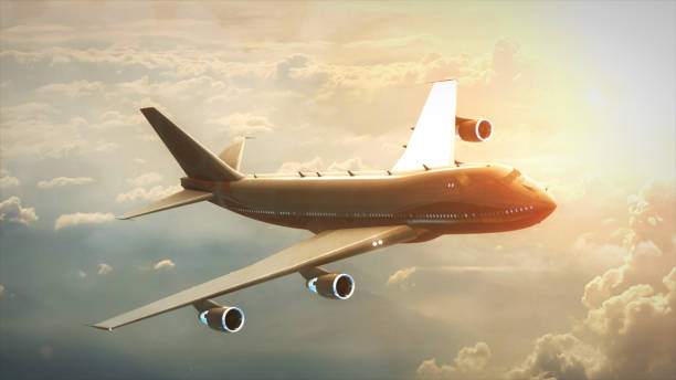 istock Airplane in the sky in profile in sunset 3d illustration 684057090