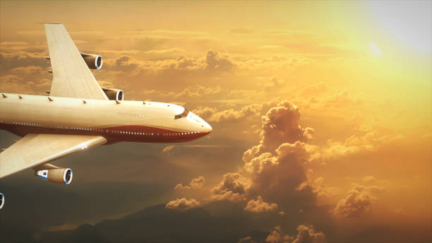istock Airplane in the sky in profile in sunset 3d illustration 684057094