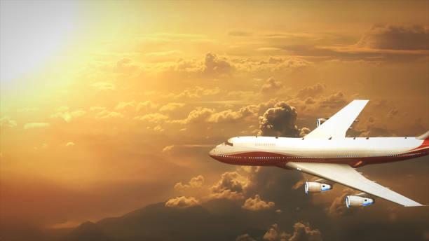 istock Airplane in the sky in profile in sunset 3d illustration 684057100