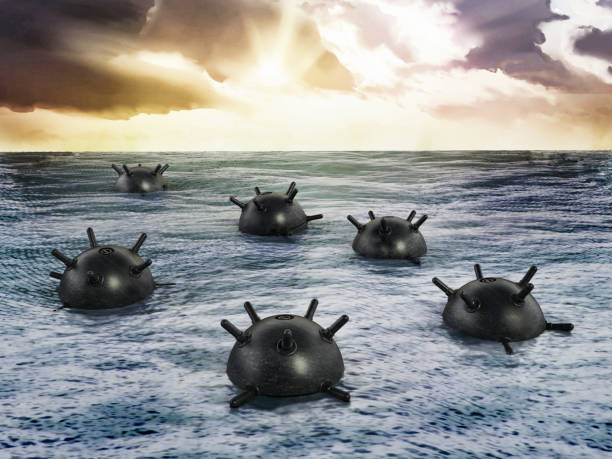 istock Black sea mines on sea surface 684057680