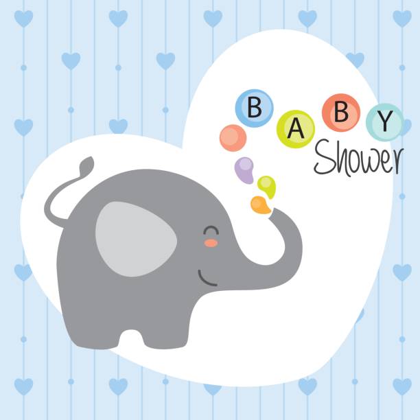 baby shower card baby shower card. Happy elephant with blue hearts background elefant stock illustrations