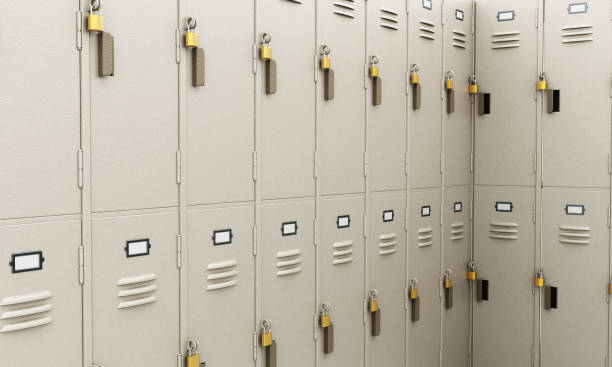 istock Beige gym lockers  standing in a row 684068836