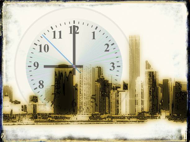 Grunge city skyline with clock face.