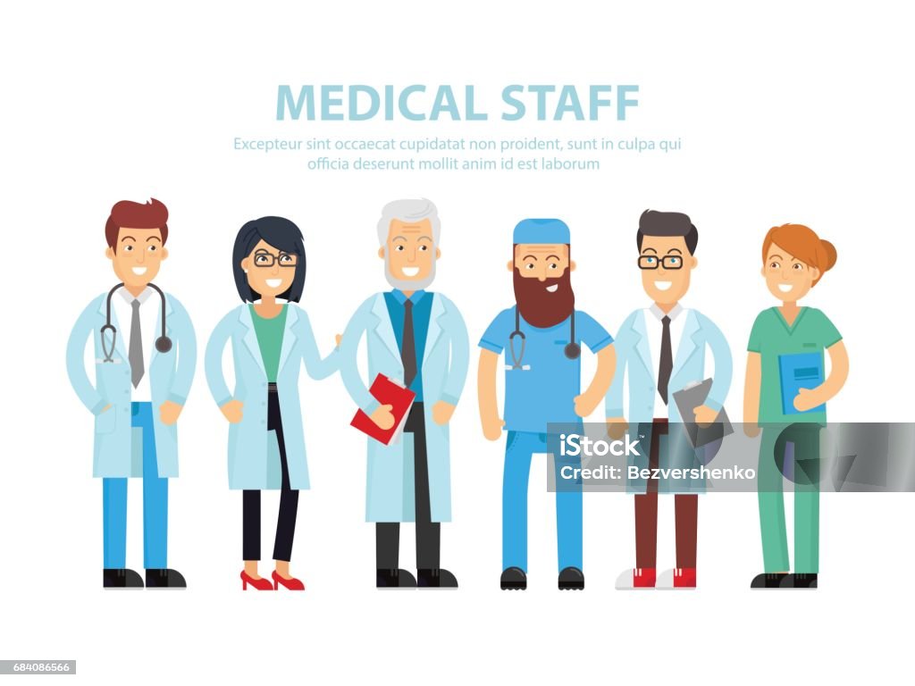 Team Of Doctors Nurses And Other Hospital Workers Stand Together Vector  People Illustration Isolated On White Background With The Text Place Group  Of Medical Funny Staff Flat Concept Design Stock Illustration -