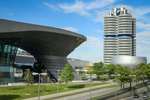 MUNICH, GERMANY - MAY 6, 2017 : A view of the BMW Museum next to the BMW Welt exhibition center in Munich, Germany.