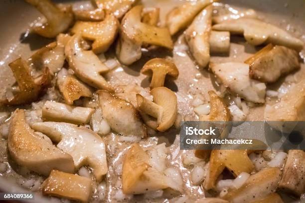 Frying Pan With Mushrooms And Onion Stock Photo - Download Image Now - Calotype, Close-up, Cooked