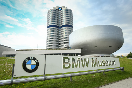 MUNICH, GERMANY - MAY 6, 2017 : Logo of BMW in front  of the BMW Museum in Munich, Germany.