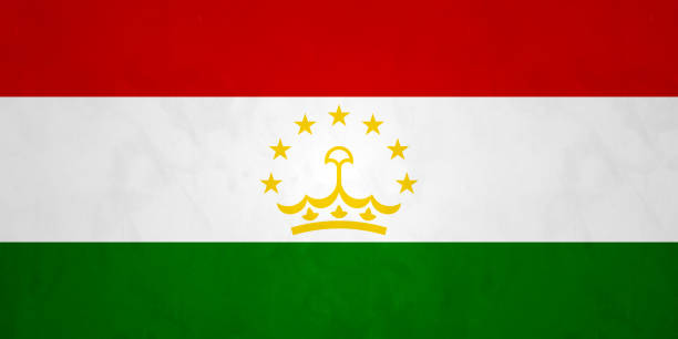 A horizontal tricolor of red, white and green; charged with a crown surmounted by an arc of seven stars at the center - the national flag of Tajikistan, adopted on 24 November 1992.