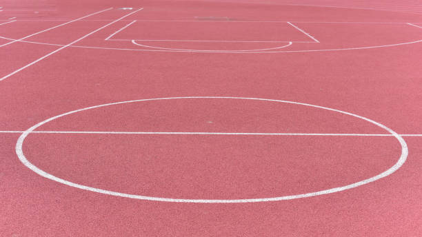 istock Athletics stadium running track red lines marks 684097968