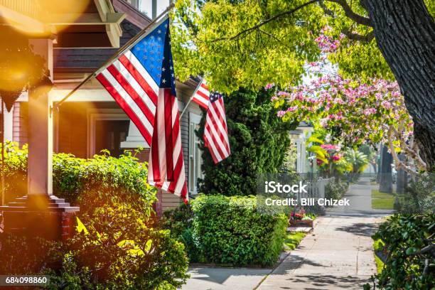 Flags 1 Stock Photo - Download Image Now - House, American Flag, Small Town America