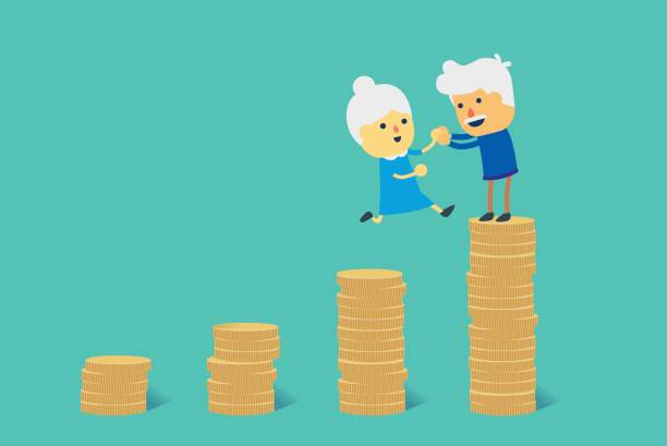 ilustrações de stock, clip art, desenhos animados e ícones de jump to big pile of coin for financial goal to retirement. - stock market data insurance savings finance