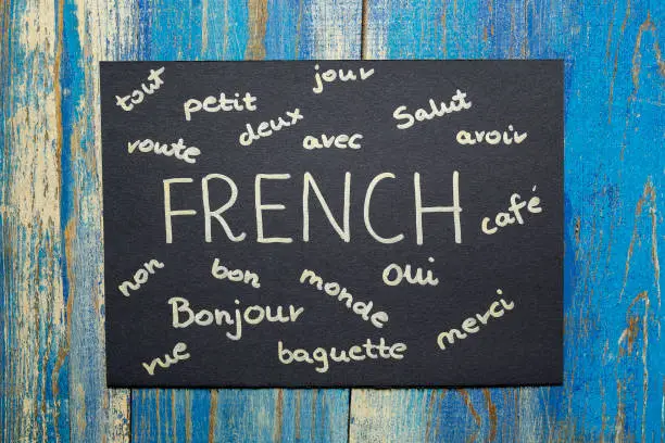 concept of learning french language, words written on black paper card on wooden background
