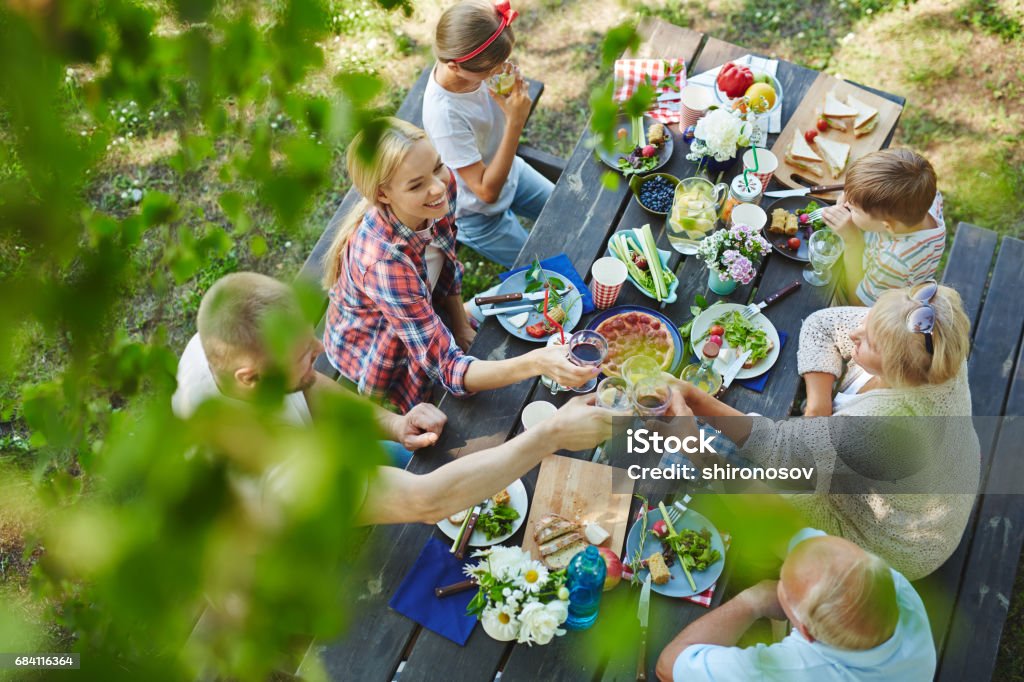 Toasting by dinner Adults toasting with wineglasses by served table during family dinner Picnic Stock Photo