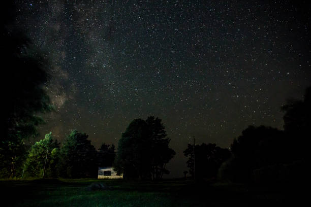 istock Night starry sky scene with illuminated cottage 684116638