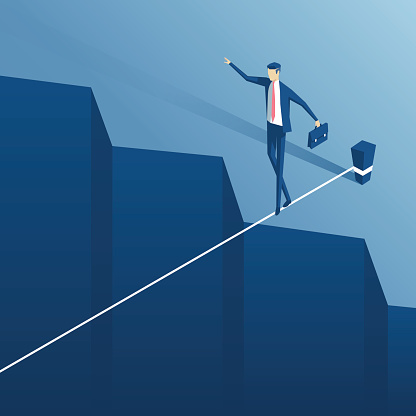 Isometric businessman tightrope walker is on the rope over the cliff. Clerk tightrope walker teetering on the cable over the abyss.Business concept obstacle and the risk