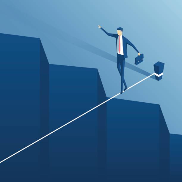 Tightrope walker over an abyss Isometric businessman tightrope walker is on the rope over the cliff. Clerk tightrope walker teetering on the cable over the abyss.Business concept obstacle and the risk tightrope stock illustrations