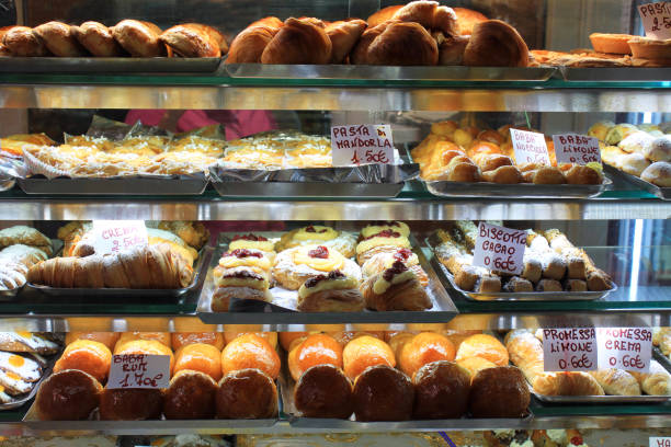 istock Various type of cakes in shop window in Italy 684123022