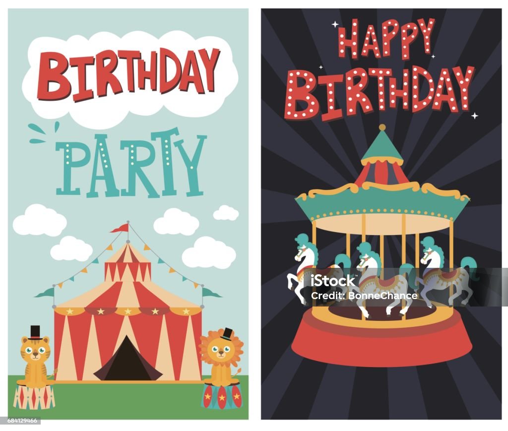 Set of birthday card with circus theme Set of birthday card with circus animals. Vector illustration Carousel stock vector