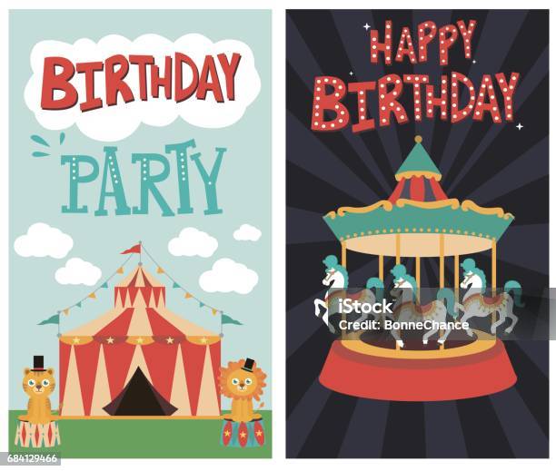 Set Of Birthday Card With Circus Theme Stock Illustration - Download Image Now - Carousel, Animal, Balloon