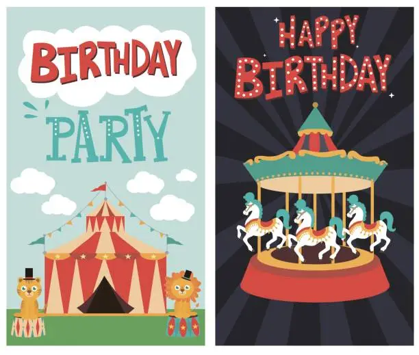 Vector illustration of Set of birthday card with circus theme