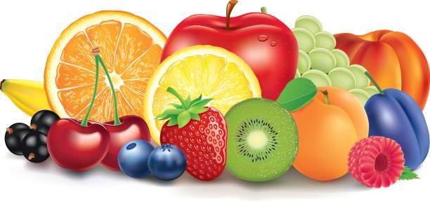 группа свежих фруктов - яблоко, лимон, абрикос, ягоды, банан - fruit variation stock illustrations
