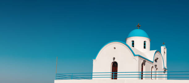 Traditional Greek church in blue and white colors (Karpathos, Greece).