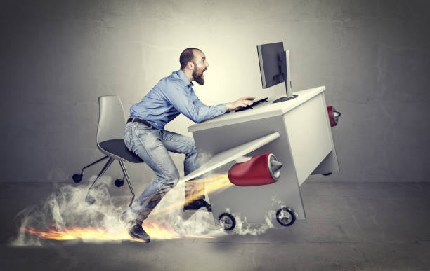 hurry to start conceptual image, methaphor of busy and fast business, man with airplane desk plane hand tool photos stock pictures, royalty-free photos & images