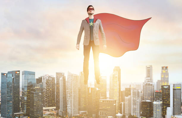 istock Business super hero hover over city skyline 684144652