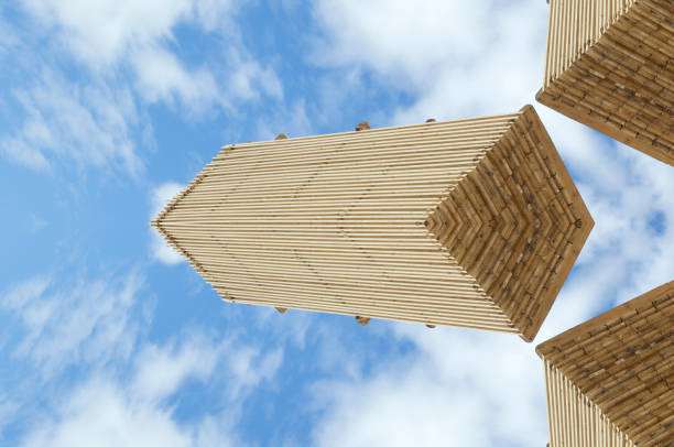 Wood ornamental pattern as a symmetrical background against blue sky
