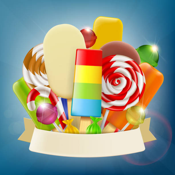 ilustrações, clipart, desenhos animados e ícones de jogo do gelado, dos doces e dos doces com fita - backgrounds candy close up collection