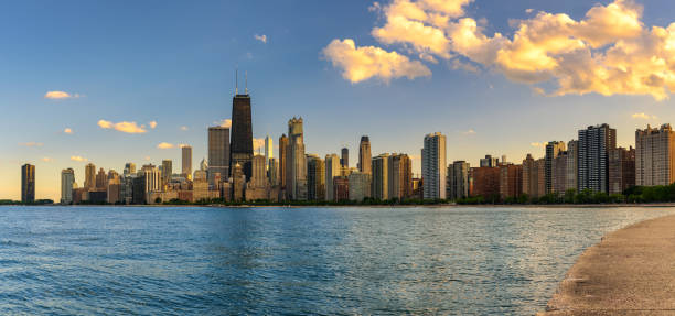 istock Chicago skyline at sunset viewed from North Avenue Beach 684147984