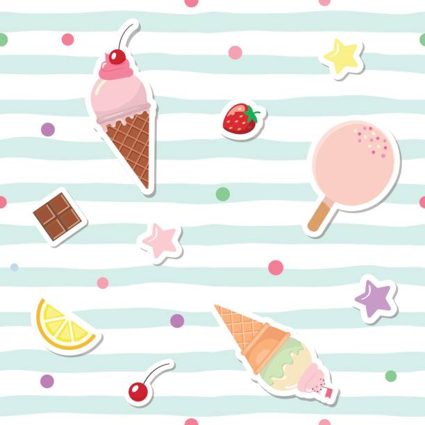 Festive seamless pattern with cute stickers on striped background. For birthday and scrapbook design. Festive seamless pattern with cute stickers on striped background. For birthday and scrapbook design. Vector melting girl stock illustrations