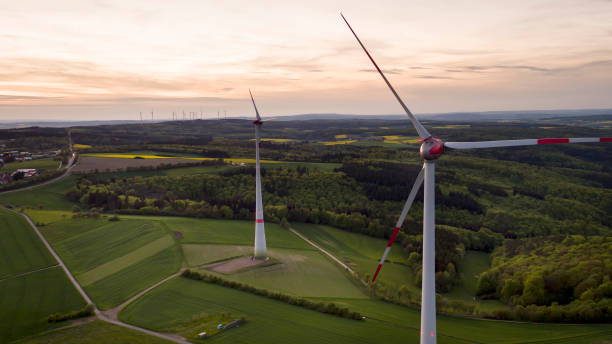 istock Wind park at dusk - aerial view 684149282