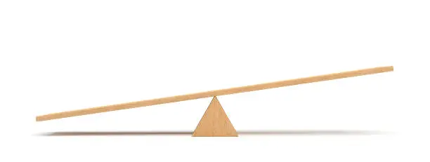 3d rendering of a light wooden seesaw with the left side leaning to the ground on white background. Geometrical shapes. Saving balance. Scales.