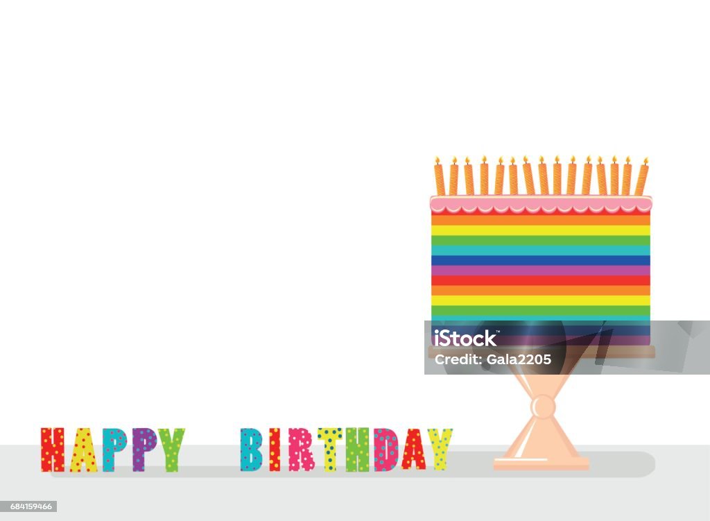 Un fiesta multicolor y tornasolado gran pastel con velas en un pedestal. Feliz cumpleaños. Tarjeta de felicitación o invitación para una fiesta. Vector de - arte vectorial de Acontecimiento libre de derechos