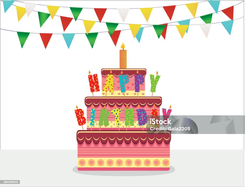 Festive Big Cake With Candle Letters Happy Birthday Greeting Card ...