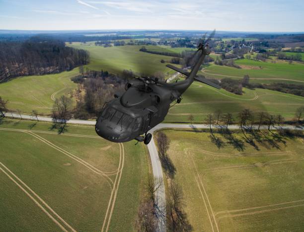 istock military Helicopter in flight - aerial view close up 684212862