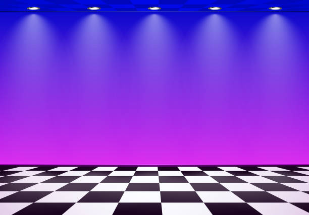 istock 80s styled vapor wave room with blue and purple wall over checked floor 684247886