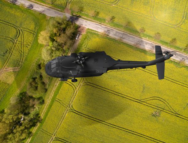 istock military Helicopter in flight - aerial view close up 684248070