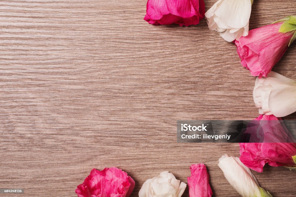 Red and white flowers lie on the wooden background. Space for text and design. Top view Abstract Stock Photo