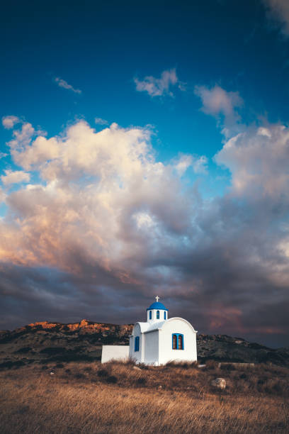 Traditional Greek church in blue and white colors (Karpathos, Greece).